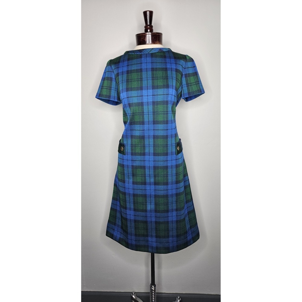 Vintage NWT 60s 70s James Kenrob Blue Green Plaid Shift Dress